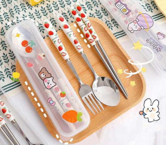 3 pcs silverware set with box, Cute stainless cutlery set, Portable travel set tableware