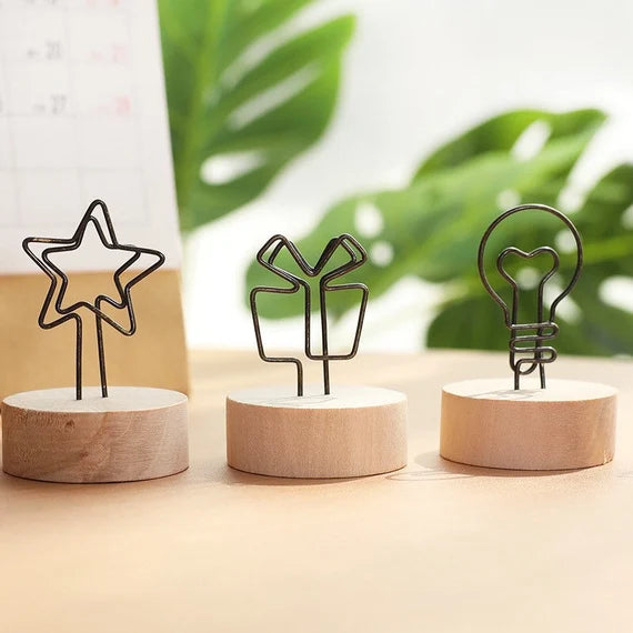 Cute note holder stand, Wood photo holder, Desk reminder stand, Card holder, Memo clip, Metal clip wood stand