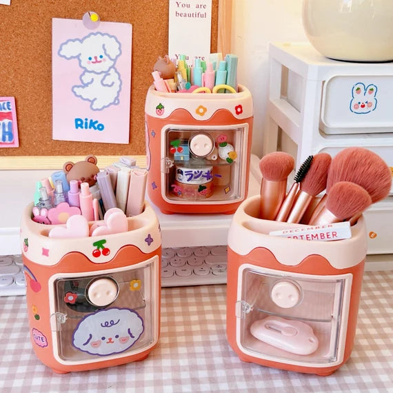 Orange desktop storage box, Open door cabinet, Cute Piglet style container, Pencil holder, Desktop organizer for office, Makeup brush holder