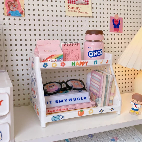 Cute desktop storage rack, 2 tier shelf organizer, White double layer shelf, Makeup organizer