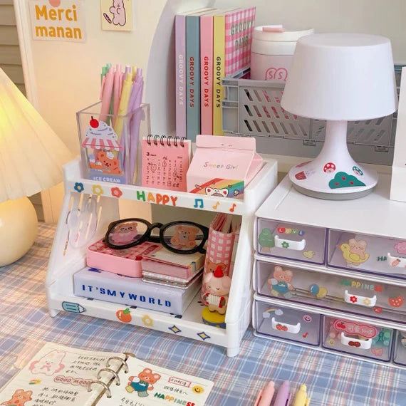 Cute desktop storage rack, 2 tier shelf organizer, White double layer shelf, Makeup organizer