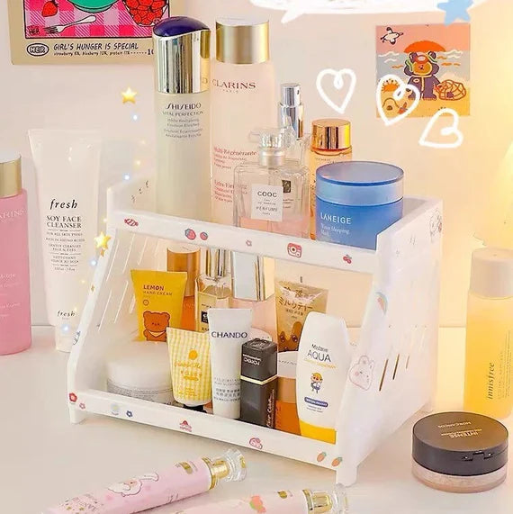Cute desktop storage rack, 2 tier shelf organizer, White double layer shelf, Makeup organizer