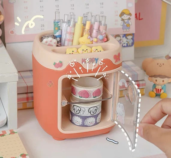 Orange desktop storage box, Open door cabinet, Cute Piglet style container, Pencil holder, Desktop organizer for office, Makeup brush holder