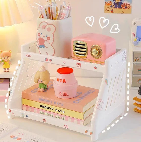 Cute desktop storage rack, 2 tier shelf organizer, White double layer shelf, Makeup organizer