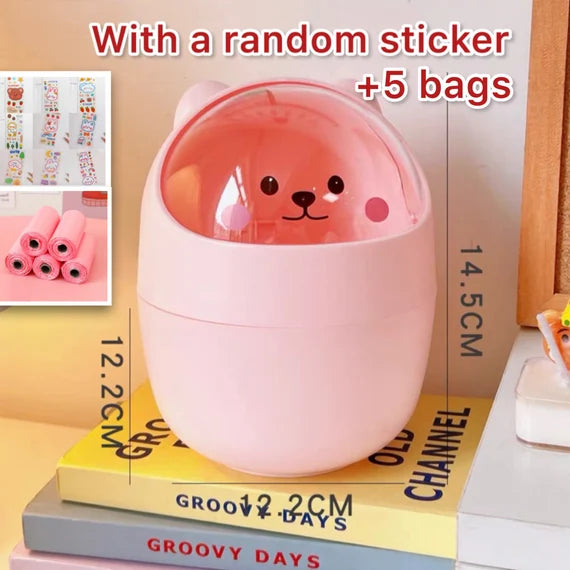 Cute Mini Trash Can With Swing Lid, Little Bear Desktop Garbage Bin, Pink Small Wastebasket , Desk waste bin, Multipurpose organizer