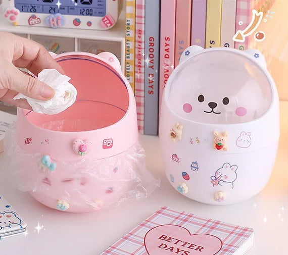 Cute Mini Trash Can With Swing Lid, Little Bear Desktop Garbage Bin, Pink Small Wastebasket , Desk waste bin, Multipurpose organizer