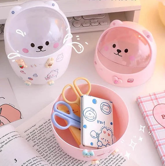 Cute Mini Trash Can With Swing Lid, Little Bear Desktop Garbage Bin, Pink Small Wastebasket , Desk waste bin, Multipurpose organizer