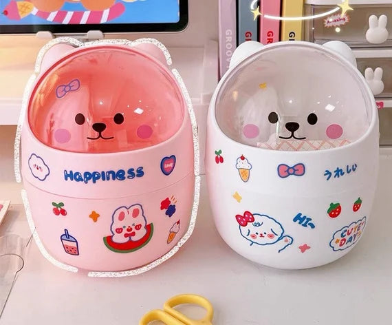 Cute Mini Trash Can With Swing Lid, Little Bear Desktop Garbage Bin, Pink Small Wastebasket , Desk waste bin, Multipurpose organizer