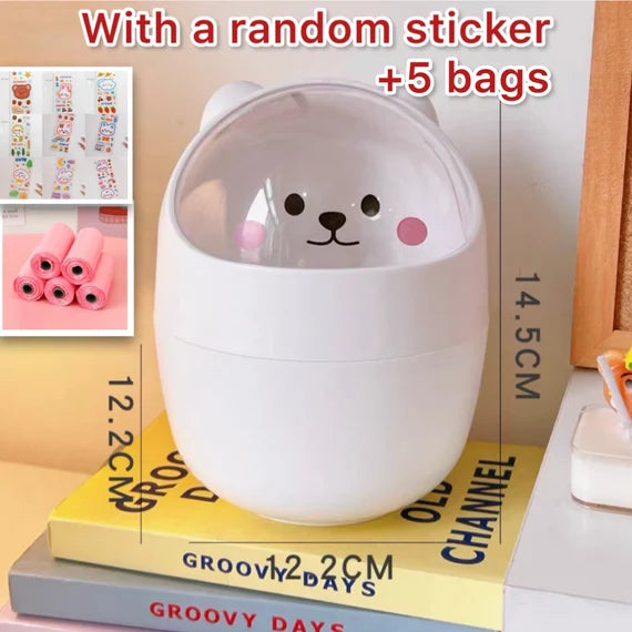 Cute Mini Trash Can With Swing Lid, Little Bear Desktop Garbage Bin, Pink Small Wastebasket , Desk waste bin, Multipurpose organizer