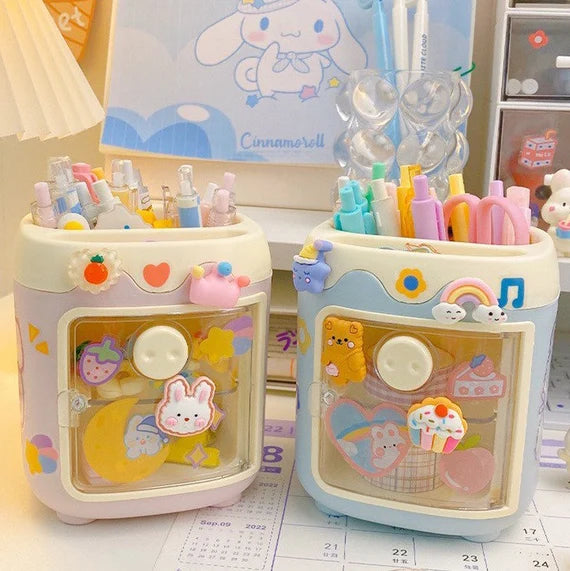 Orange desktop storage box, Open door cabinet, Cute Piglet style container, Pencil holder, Desktop organizer for office, Makeup brush holder