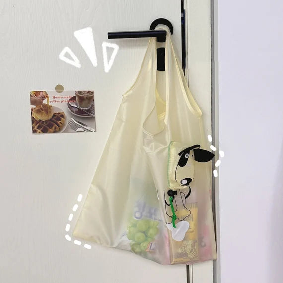 Cute grocery bag with wristlet, Reusable shopping bag, Foldable tote bag, Beige shoulder bag