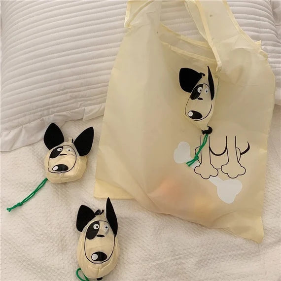 Cute grocery bag with wristlet, Reusable shopping bag, Foldable tote bag, Beige shoulder bag
