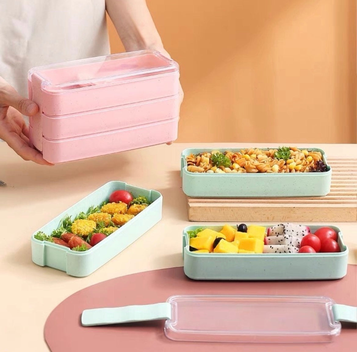 Microwave safe bento box with tableware, 3 stackable lunch box, Japanese style bento box