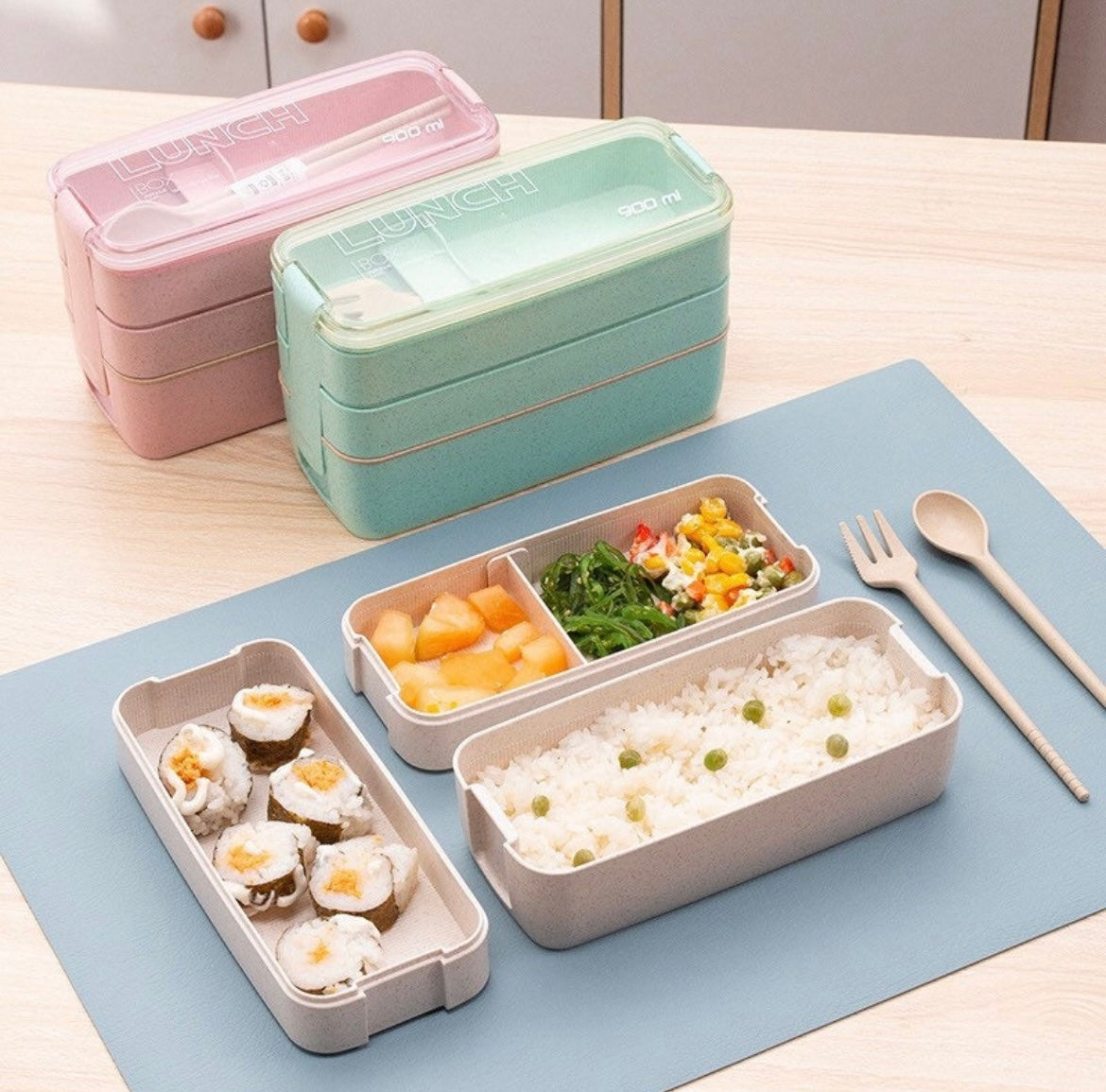 Microwave safe bento box with tableware, 3 stackable lunch box, Japanese style bento box