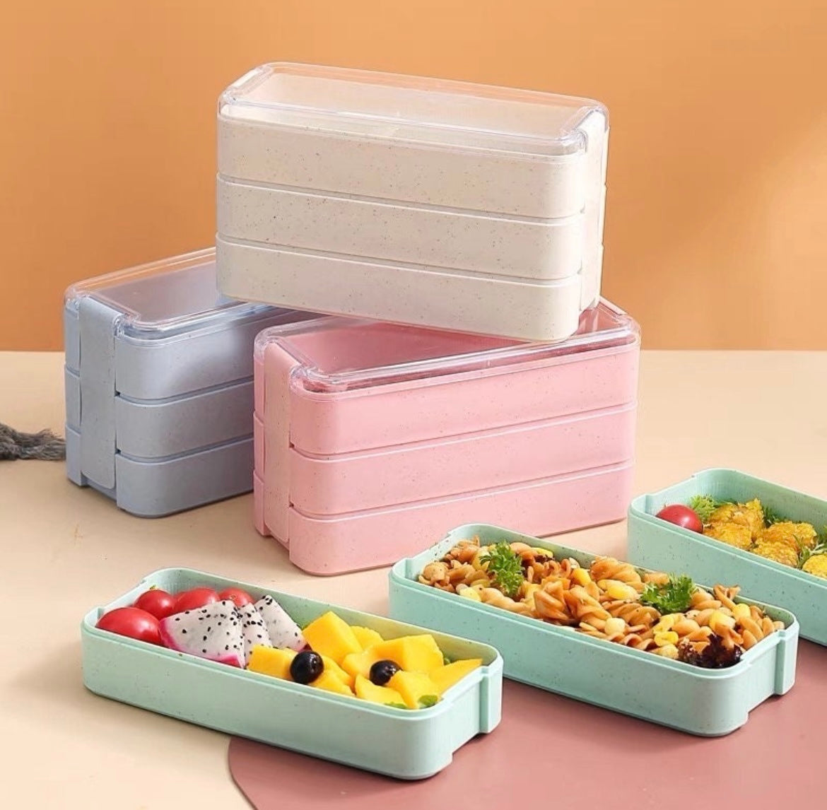 Microwave safe bento box with tableware, 3 stackable lunch box, Japanese style bento box