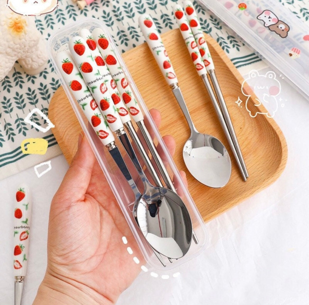 3 pcs silverware set with box, Cute stainless cutlery set, Portable travel set tableware