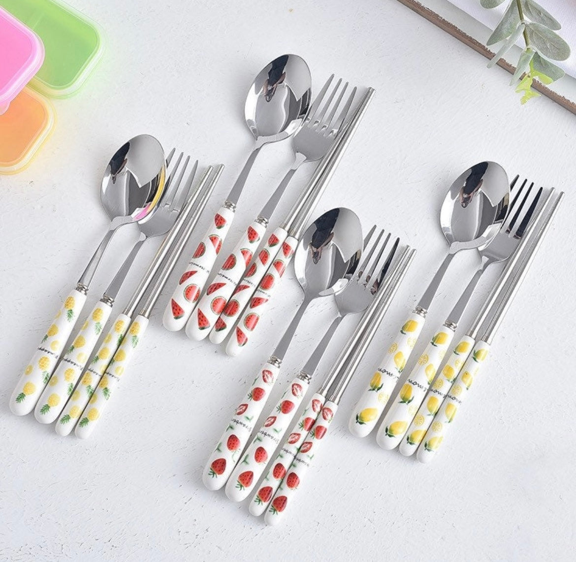 3 pcs silverware set with box, Cute stainless cutlery set, Portable travel set tableware