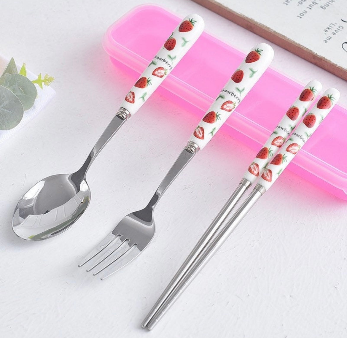 3 pcs silverware set with box, Cute stainless cutlery set, Portable travel set tableware