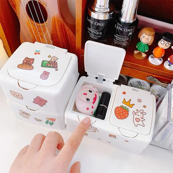 Pop-up desktop storage box, White push-button container, Cute desktop organizer, Plastic portable box for travel, Click open storage holder