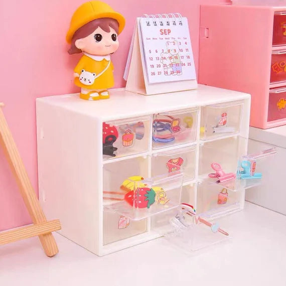 Cute 9 drawer cabinet, Desktop storage cabinet, White storage box, Jewelry organizer, Clear cabinet