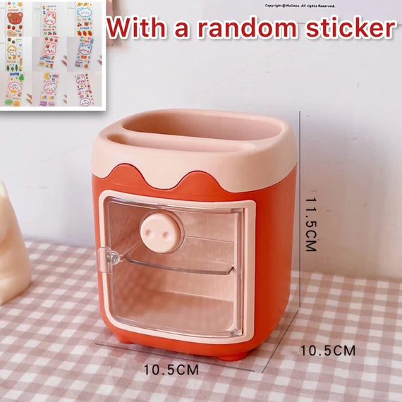 Orange desktop storage box, Open door cabinet, Cute Piglet style container, Pencil holder, Desktop organizer for office, Makeup brush holder