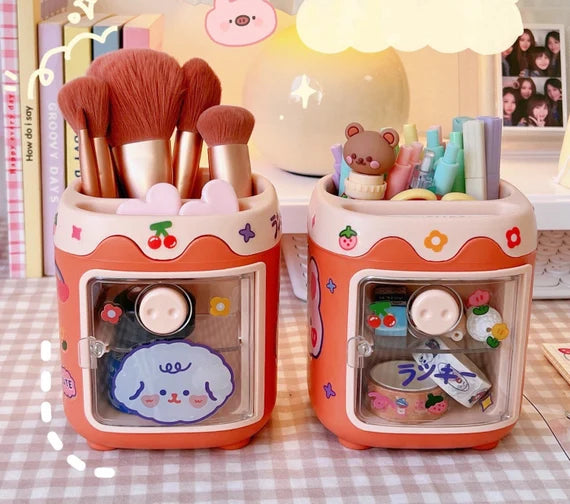Orange desktop storage box, Open door cabinet, Cute Piglet style container, Pencil holder, Desktop organizer for office, Makeup brush holder