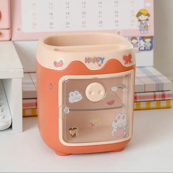 Orange desktop storage box, Open door cabinet, Cute Piglet style container, Pencil holder, Desktop organizer for office, Makeup brush holder