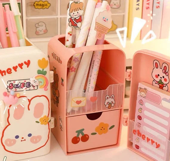 Cute desktop storage box, Mini cabinet, Small refrigerator model container, Make up brush and pen holder, Multi sections organizer