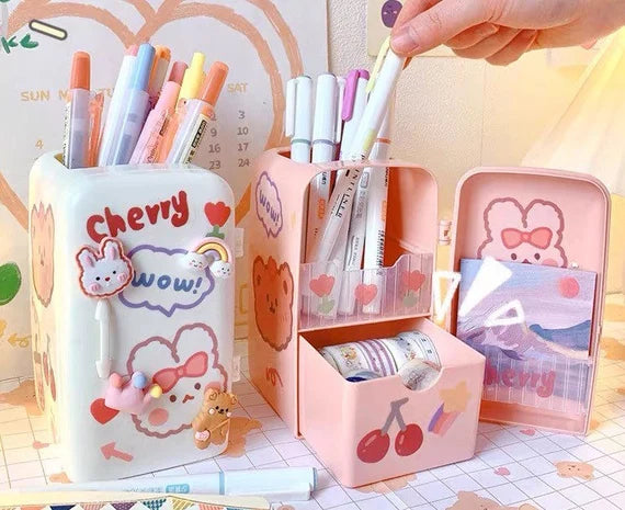 Cute desktop storage box, Mini cabinet, Small refrigerator model container, Make up brush and pen holder, Multi sections organizer