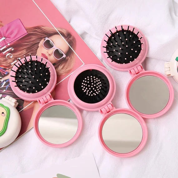 Cute comb with mirror, Portable hair brush, Foldable hair comb, Travel hair brush, Pink hair brush with mirror