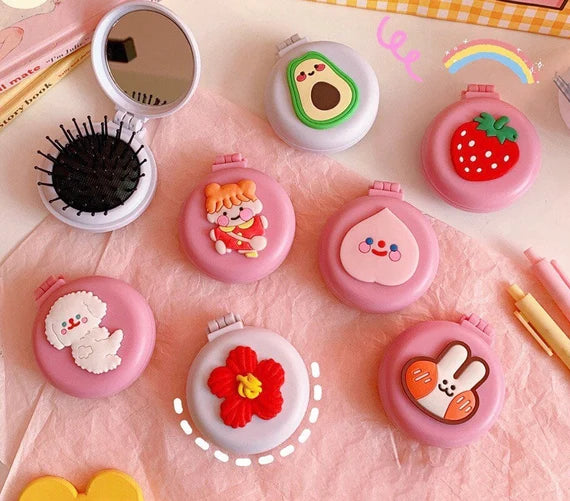 Cute comb with mirror, Portable hair brush, Foldable hair comb, Travel hair brush, Pink hair brush with mirror