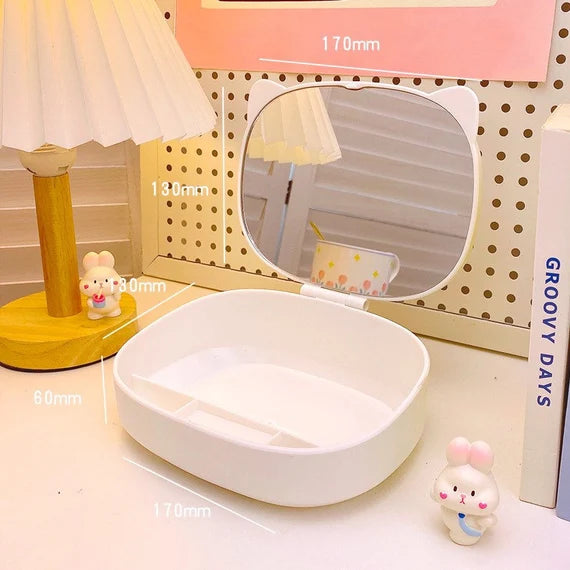 Desktop storage box with mirror, Folding vanity mirror, Cute makeup mirror, Desk storage container with mirror