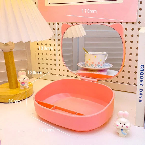 Desktop storage box with mirror, Folding vanity mirror, Cute makeup mirror, Desk storage container with mirror