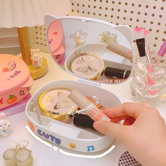 Desktop storage box with mirror, Folding vanity mirror, Cute makeup mirror, Desk storage container with mirror