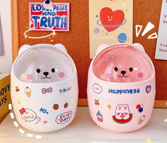 Cute Mini Trash Can With Swing Lid, Little Bear Desktop Garbage Bin, Pink Small Wastebasket , Desk waste bin, Multipurpose organizer