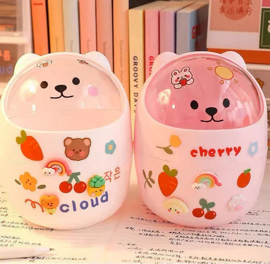 Cute Mini Trash Can With Swing Lid, Little Bear Desktop Garbage Bin, Pink Small Wastebasket , Desk waste bin, Multipurpose organizer