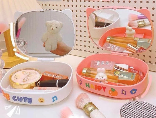 Desktop storage box with mirror, Folding vanity mirror, Cute makeup mirror, Desk storage container with mirror