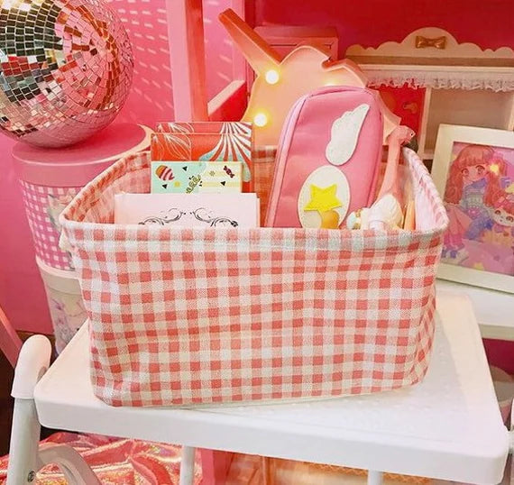 Cotton storage basket, Foldable storage bin, Cute pink organizer, Bedside organizing, Desktop organizer, Portable storage box for travel