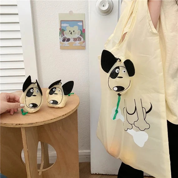 Cute grocery bag with wristlet, Reusable shopping bag, Foldable tote bag, Beige shoulder bag