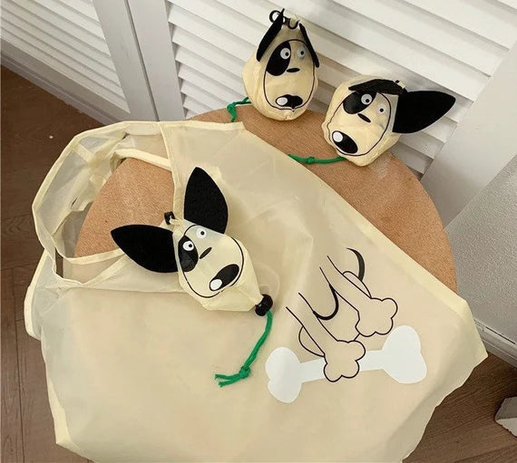 Cute grocery bag with wristlet, Reusable shopping bag, Foldable tote bag, Beige shoulder bag