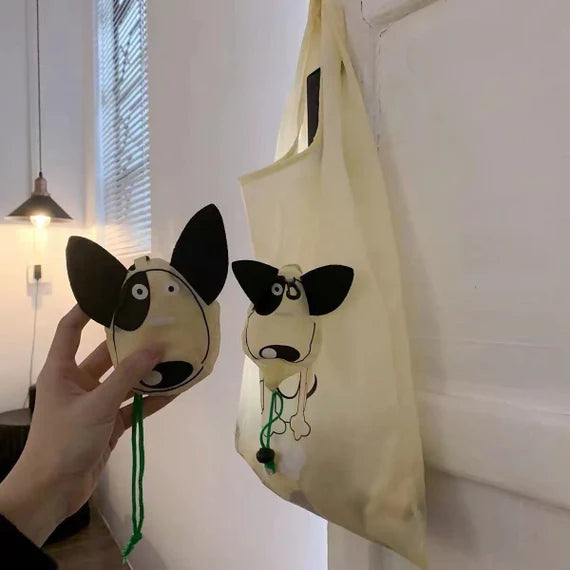 Cute grocery bag with wristlet, Reusable shopping bag, Foldable tote bag, Beige shoulder bag