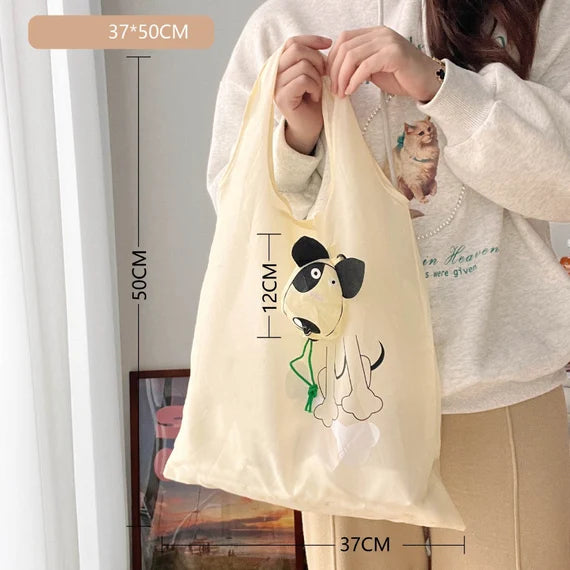 Cute grocery bag with wristlet, Reusable shopping bag, Foldable tote bag, Beige shoulder bag