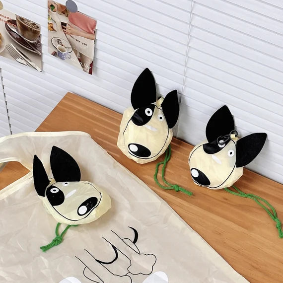 Cute grocery bag with wristlet, Reusable shopping bag, Foldable tote bag, Beige shoulder bag