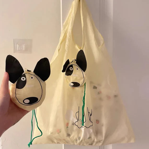 Cute grocery bag with wristlet, Reusable shopping bag, Foldable tote bag, Beige shoulder bag