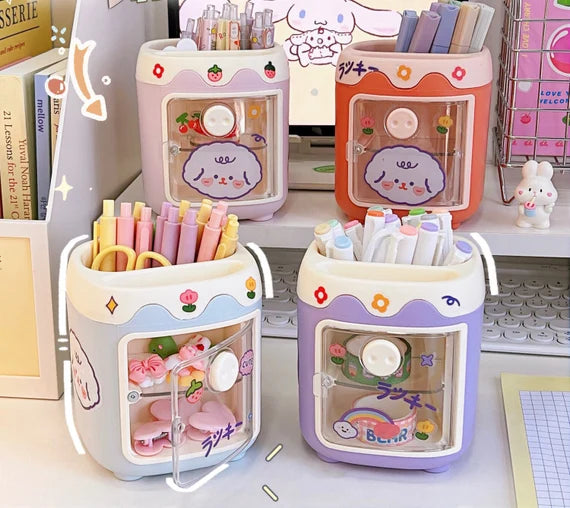 Orange desktop storage box, Open door cabinet, Cute Piglet style container, Pencil holder, Desktop organizer for office, Makeup brush holder