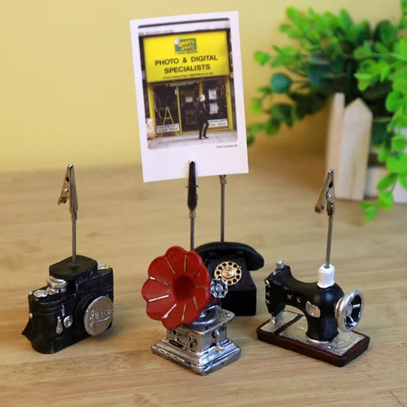 Vintage style photo holder stand, Retro camera note holder, Antique mini gramophone with memo clip, Desktop reminder stand, Card holder