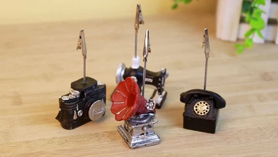 Vintage style photo holder stand, Retro camera note holder, Antique mini gramophone with memo clip, Desktop reminder stand, Card holder